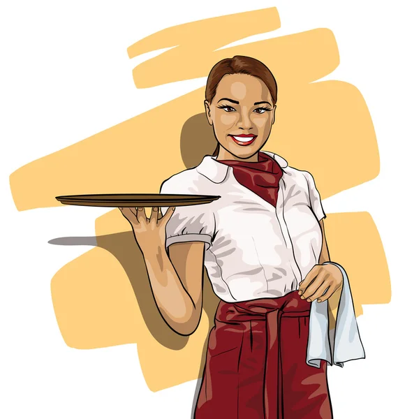 Mujer bonita camarera con una bandeja — Vector de stock