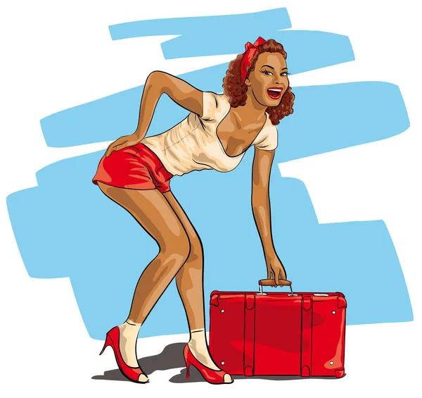 Sexig kvinna med en resa resväska — Stock vektor