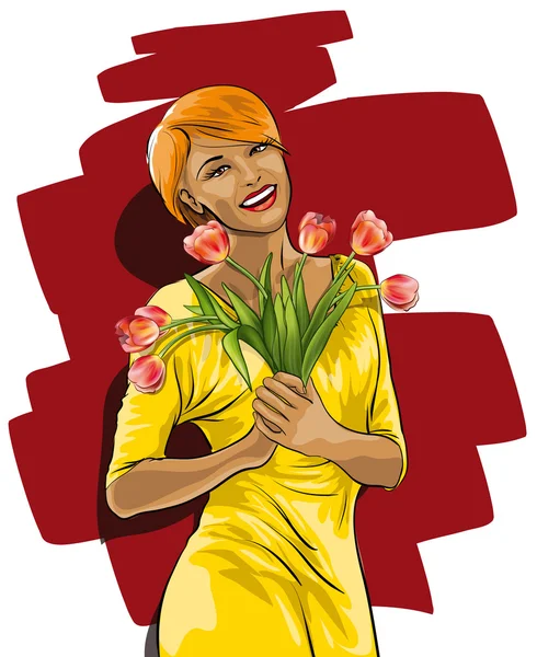 Ευτυχισμένη γυναίκα με ένα μπουκέτο λουλούδια — Διανυσματικό Αρχείο