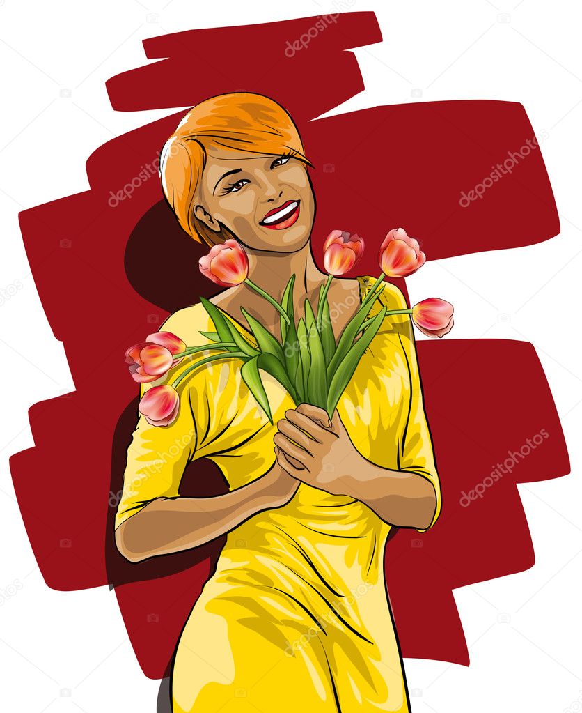 happy woman with a bouquet of flowers