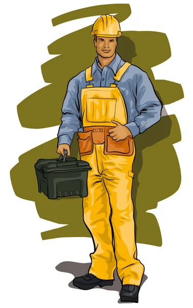 Trabajador, un hombre en overol, cascos y herramientas — Vector de stock