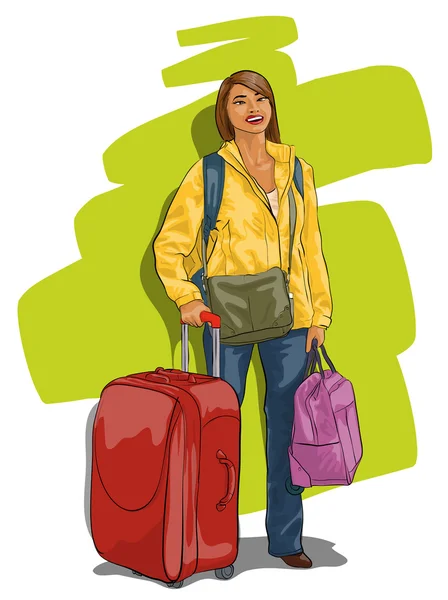 Ταξιδιώτη, μια όμορφη νεαρή γυναίκα με μια βαλίτσα — Διανυσματικό Αρχείο