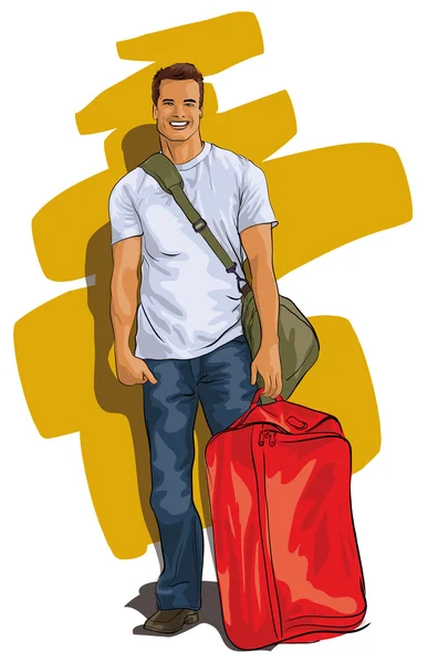 Viaggiatore, un bel giovanotto con una valigia — Vettoriale Stock
