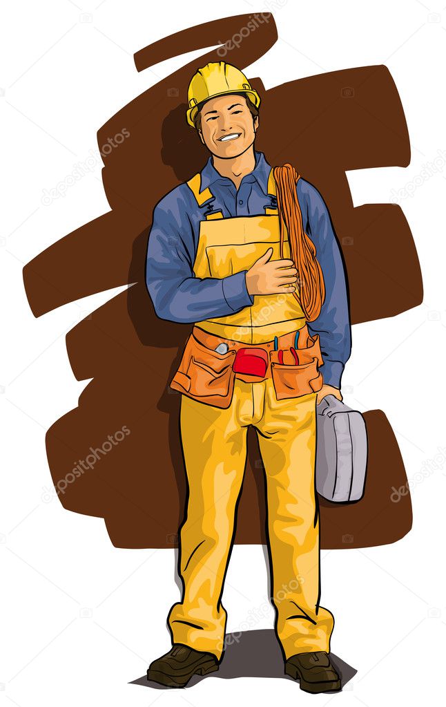 worker, a happy man in overalls and a tool