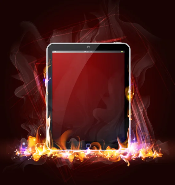 stock vector Tablet PC in flames on a dark background