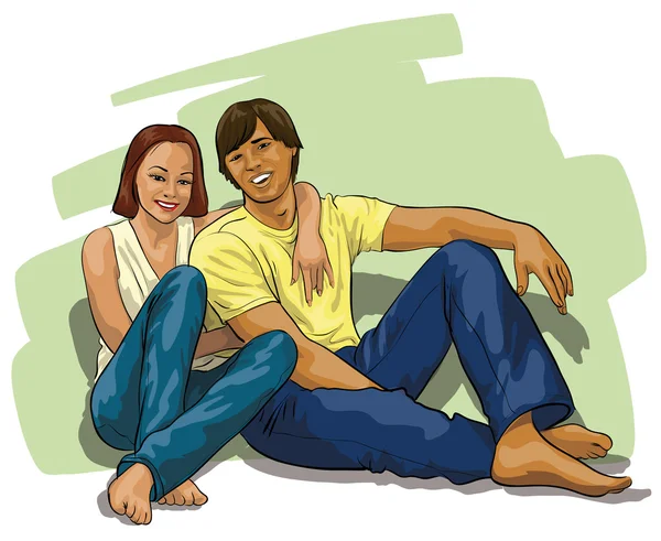 Couple de jeunes hommes assis bras dans le bras — Image vectorielle