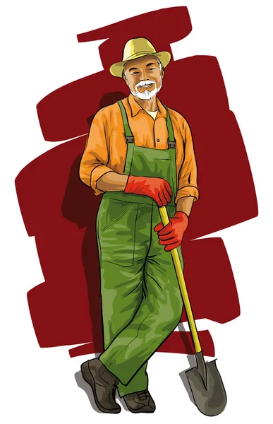 Good happy gardener with a spade in his hand — Stock Vector