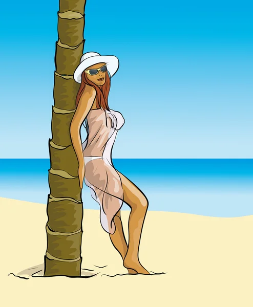 En kvinna i ett par palm träd nära den — Stock vektor