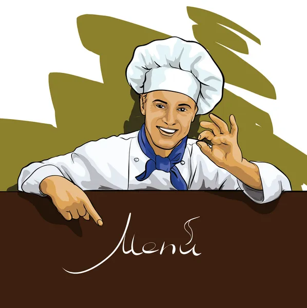 Szef kuchni pokazuje w menu — Wektor stockowy