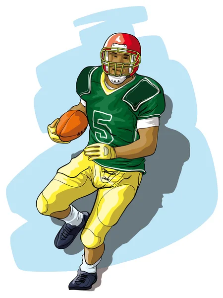 El jugador en el fútbol americano universitario con la pelota — Vector de stock