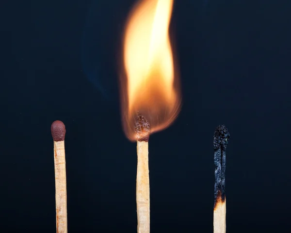 Tree matches in different stages of burning — Stock Photo, Image