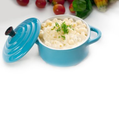 Mac and cheese on a blue little clay pot clipart