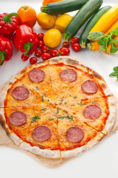Italian original thin crust pepperoni pizza — Stock Photo, Image