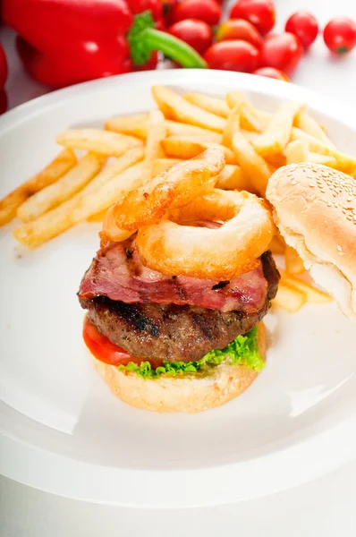 Classic hamburger sandwich and fries — Stock Photo, Image