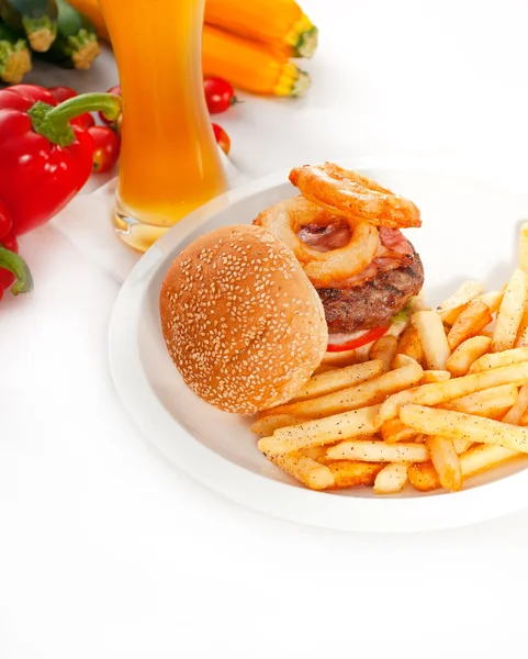 Classic hamburger sandwich and fries — Stock Photo, Image