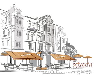 Series of street cafes in old city clipart