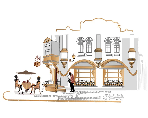 Серия уличных кафе в старом городе с питьевым кофе — стоковый вектор