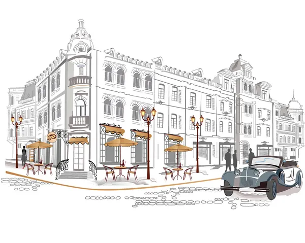 Série de cafés de rue dans la vieille ville avec une voiture rétro — Image vectorielle