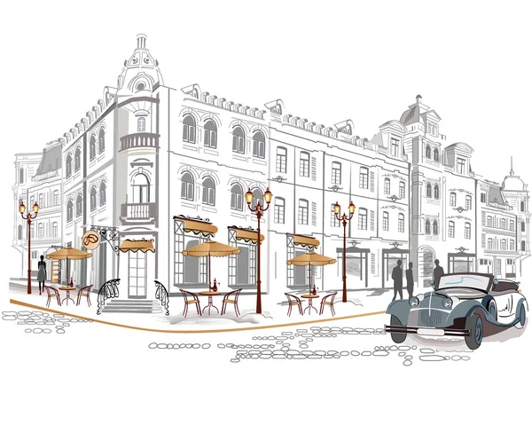 Serie de cafés callejeros en el casco antiguo con un coche retro Ilustraciones de stock libres de derechos