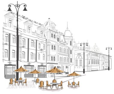 Series of old streets with cafes in sketches clipart