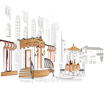 Series of street cafes in old city clipart