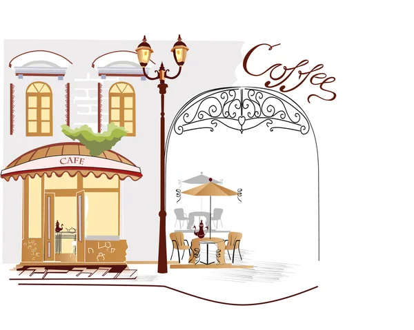 Serie de calles antiguas con cafés en bocetos — Vector de stock