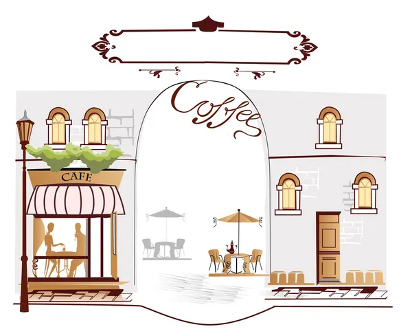 Serie de calles antiguas con cafés en bocetos — Vector de stock