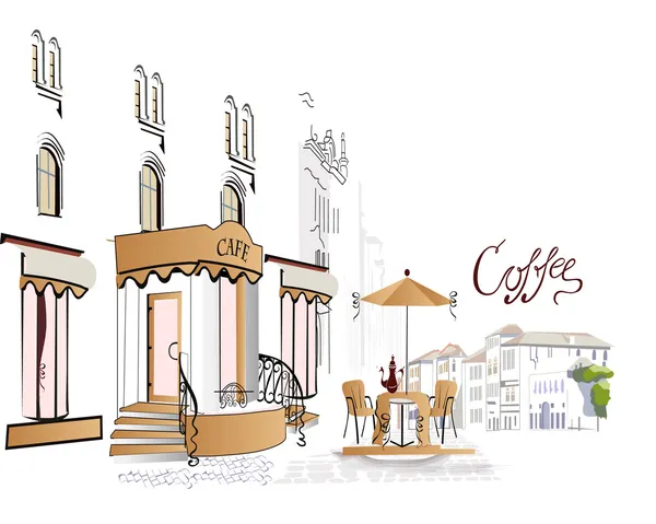 Serie de cafés callejeros en la ciudad vieja — Vector de stock