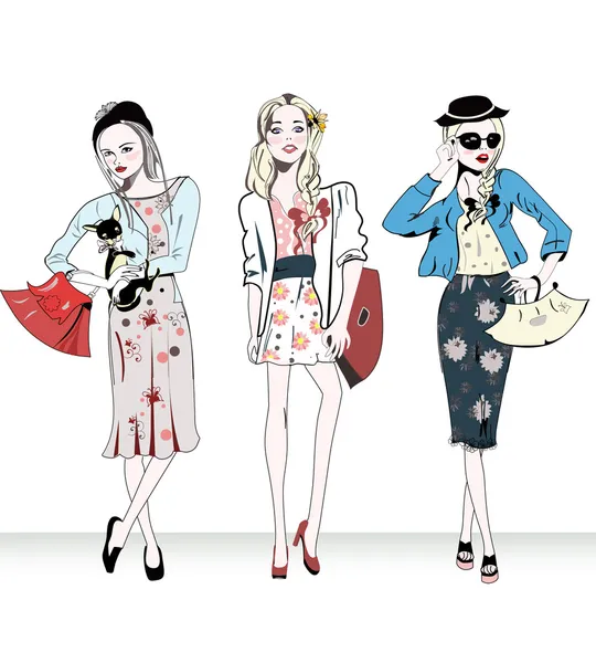 Tři retro dívky, nakupování — Stockový vektor
