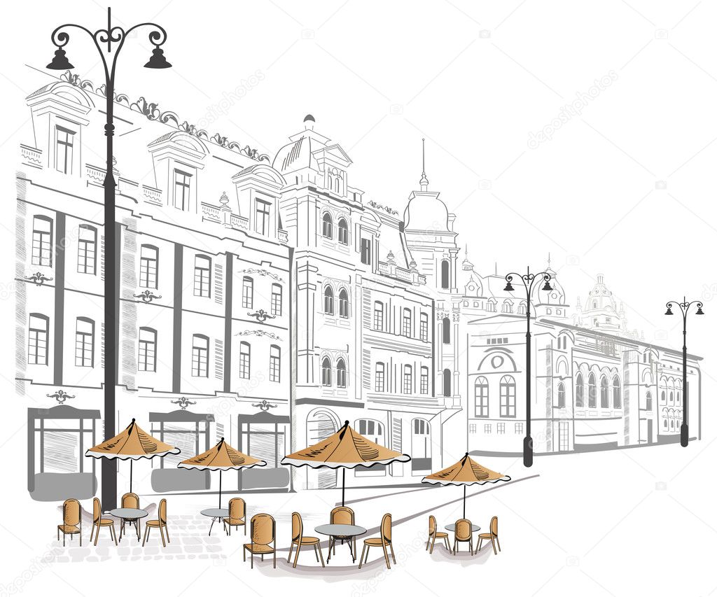 Series of old streets with cafes in sketches