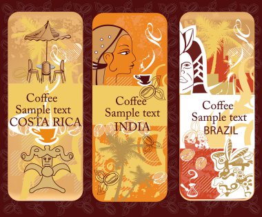 Set of coffee banners from Costa Rica, India, Brazil clipart