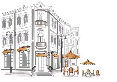 Series of old streets with cafes in sketches clipart