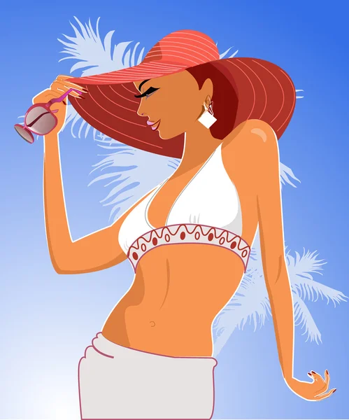 Chica de moda en el sombrero de verano y gafas de sol — Archivo Imágenes Vectoriales