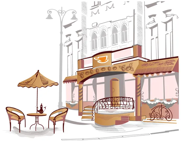 Serie de calles antiguas con cafés en bocetos — Vector de stock