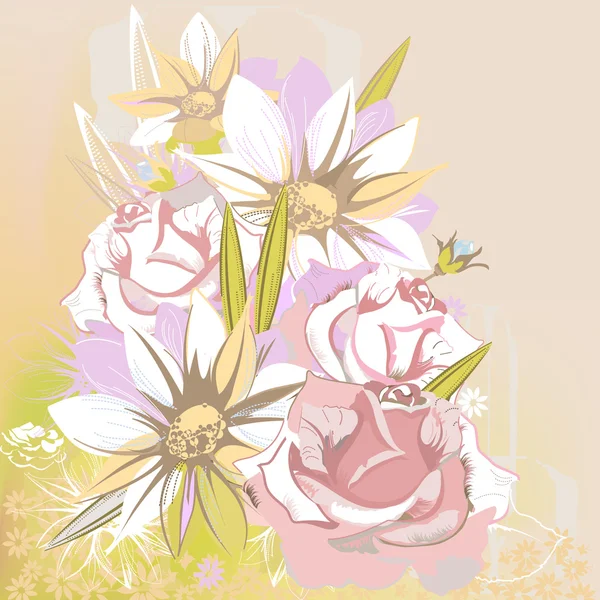 ヒナギクやバラと繊細な花の背景 — ストックベクタ