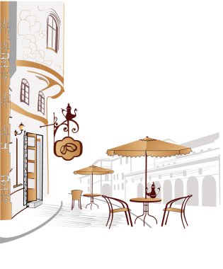 Series of street cafes in old city clipart