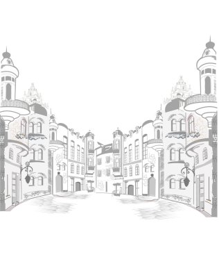 Series of old streets in sketches clipart