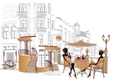 Series of street cafes in old city clipart