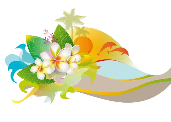 Φόντο με λουλούδια frangipani, παραλία και τον ήλιο — Διανυσματικό Αρχείο