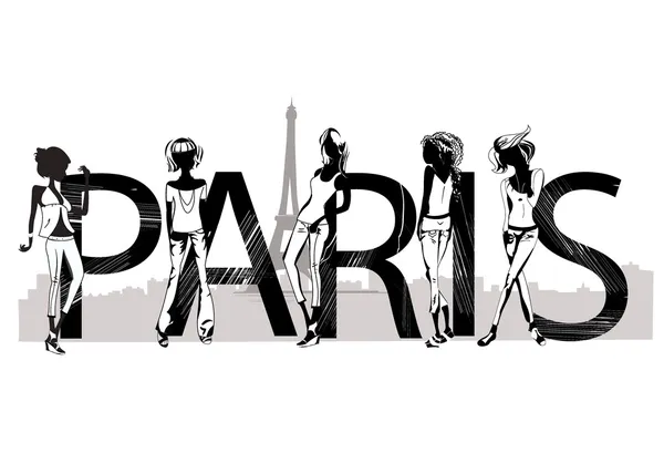 Paris lettering with fashion girls — Stock Vector