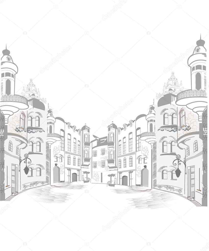 Series of old streets in sketches