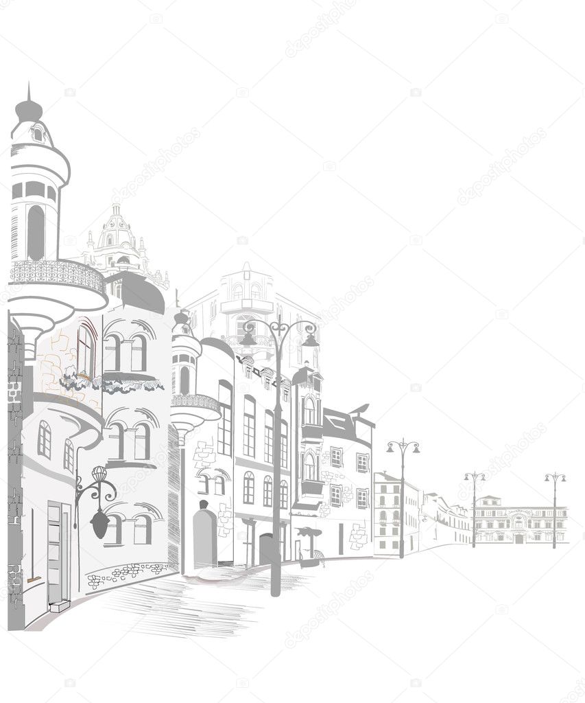 Series of old streets in sketches