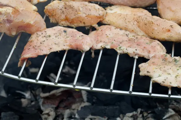 Grill z pysznym grillowanym mięsem na grillu — Zdjęcie stockowe