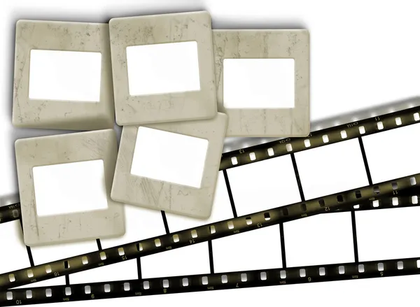 Vintage blank film stripes and blank old slide photo frames on w — Stock Photo, Image