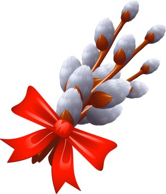 Pussy Willow bouquet with a red ribbon clipart