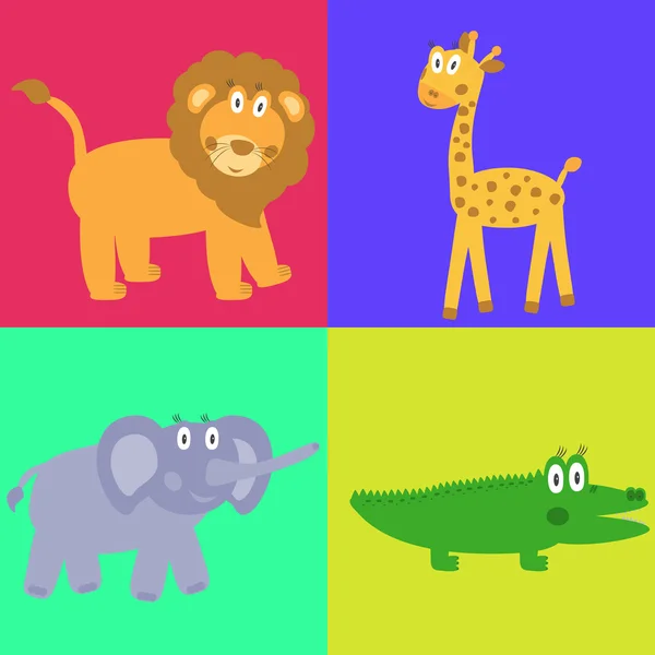 可爱的野生动物园卡通动物设置-狮子、 长颈鹿、 鳄鱼和 e — 图库矢量图片