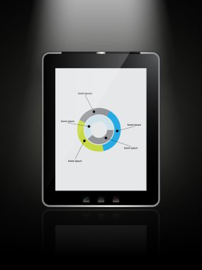 Infographic öğe üzerinde beyaz bir ekran ve siyah bir arka plan yansıması ile siyah tablet pad