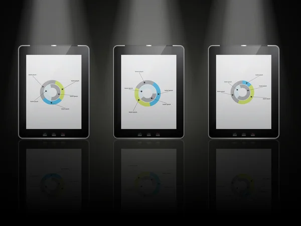 Tabletas negras con pantalla blanca sobre elementos infográficos y reflexión sobre fondo negro — Vector de stock
