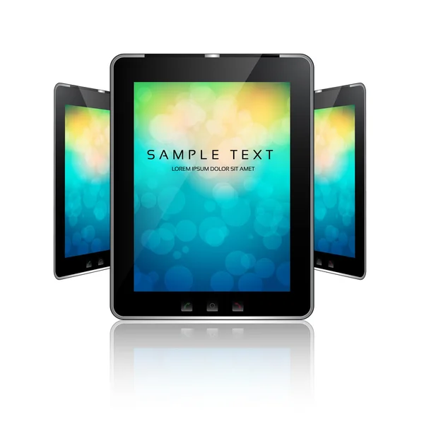Tableta negra con pantalla blanca sobre bokeh colorido y reflejo sobre fondo blanco — Archivo Imágenes Vectoriales