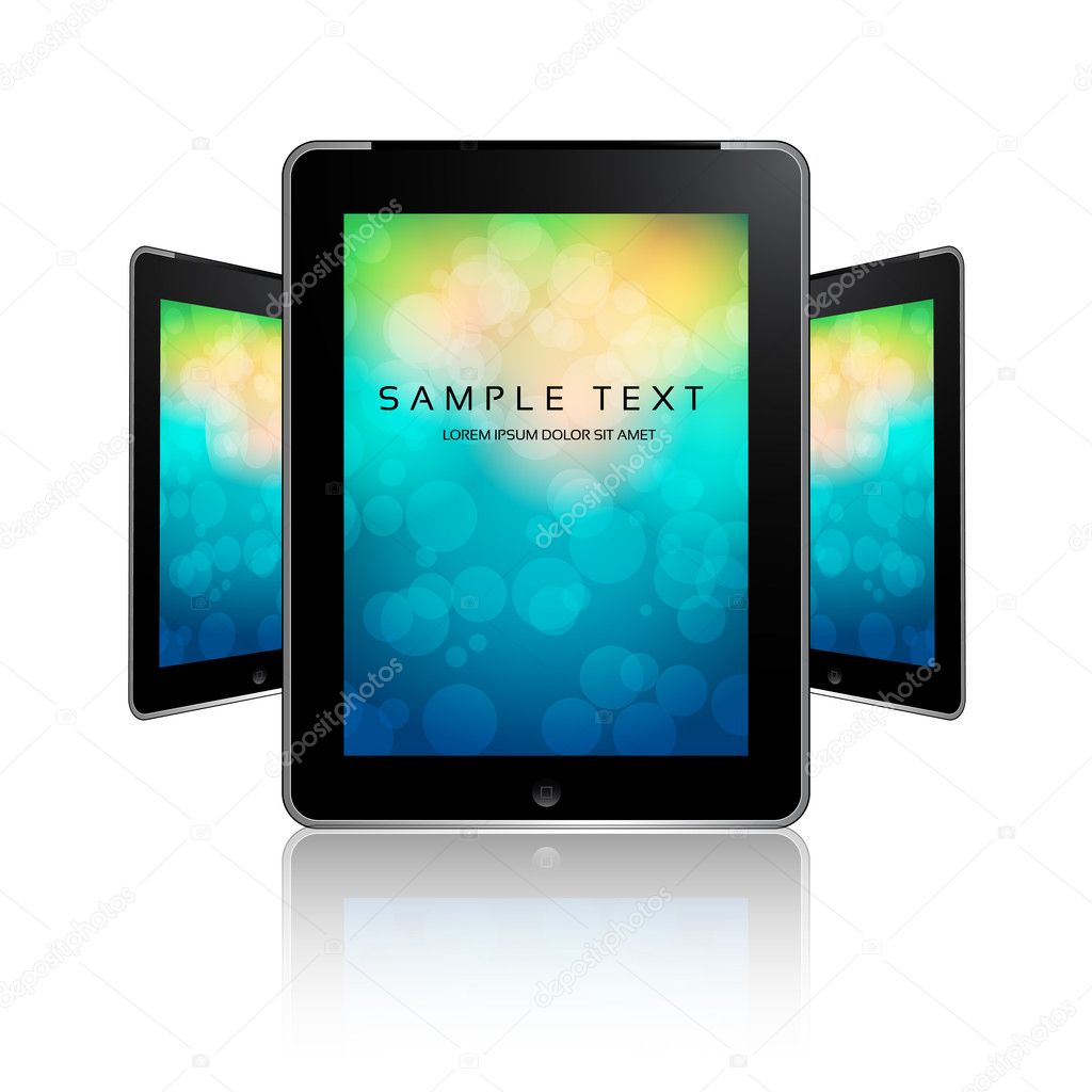Vector - black tablet pads with a white screen on colorful bokeh and a reflection on a white background.